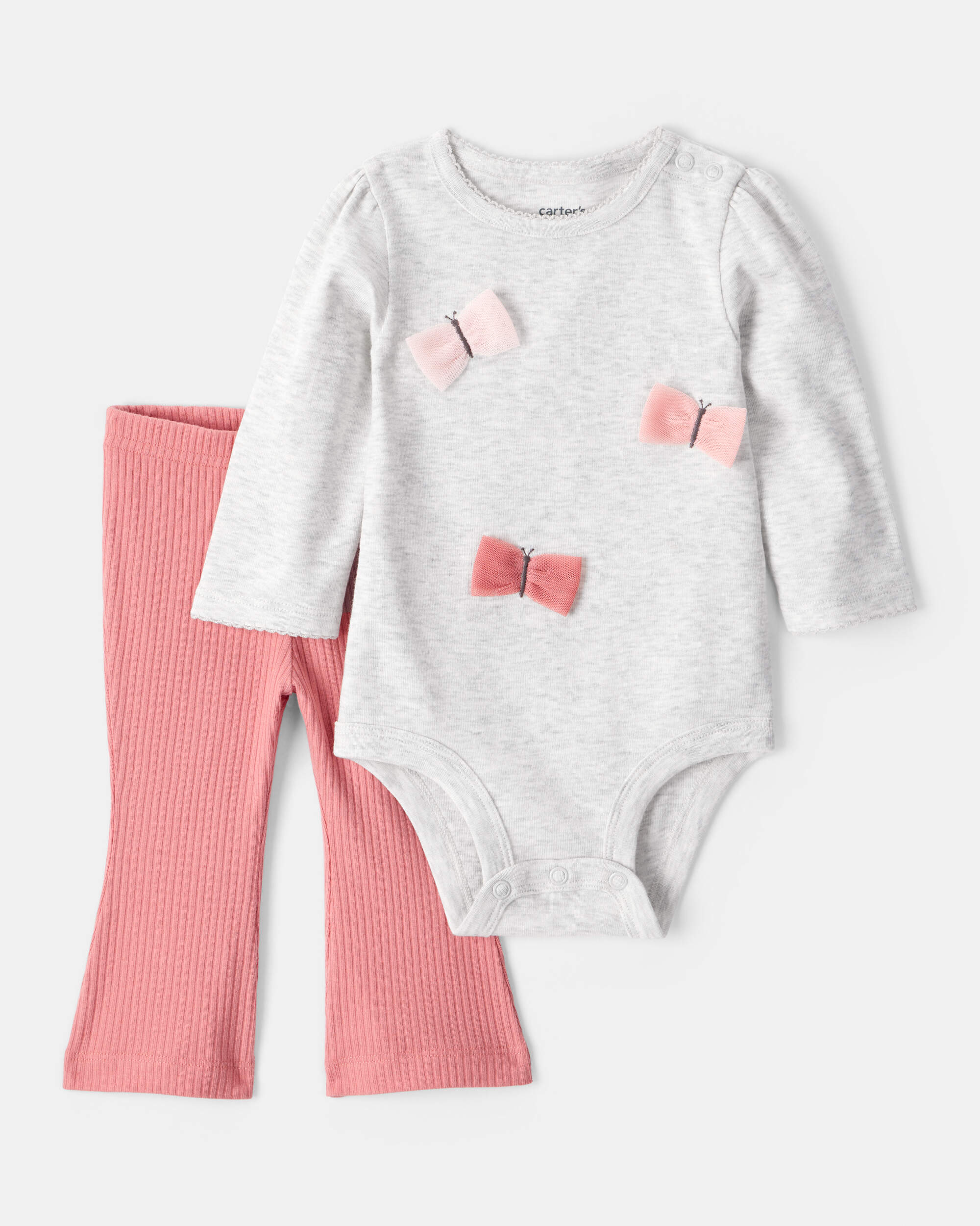 Baby Girl Butterfly Long-Sleeve Bodysuit & Pant Set - Grey/Pink