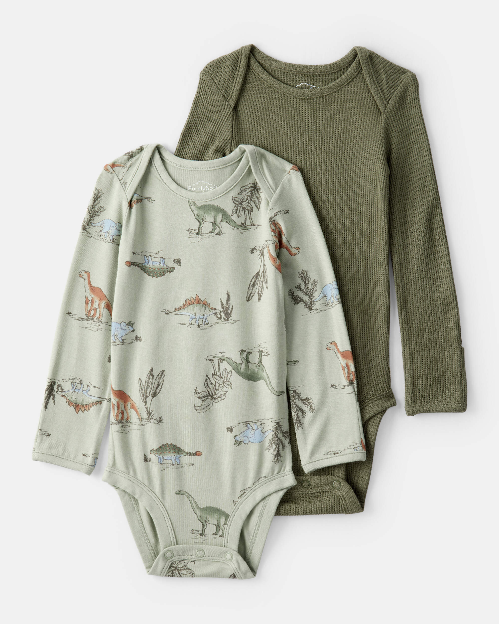 Baby Boy 2-Pack Dinosaur Print PurelySoft Long-Sleeve Multipack Bodysuits - Green
