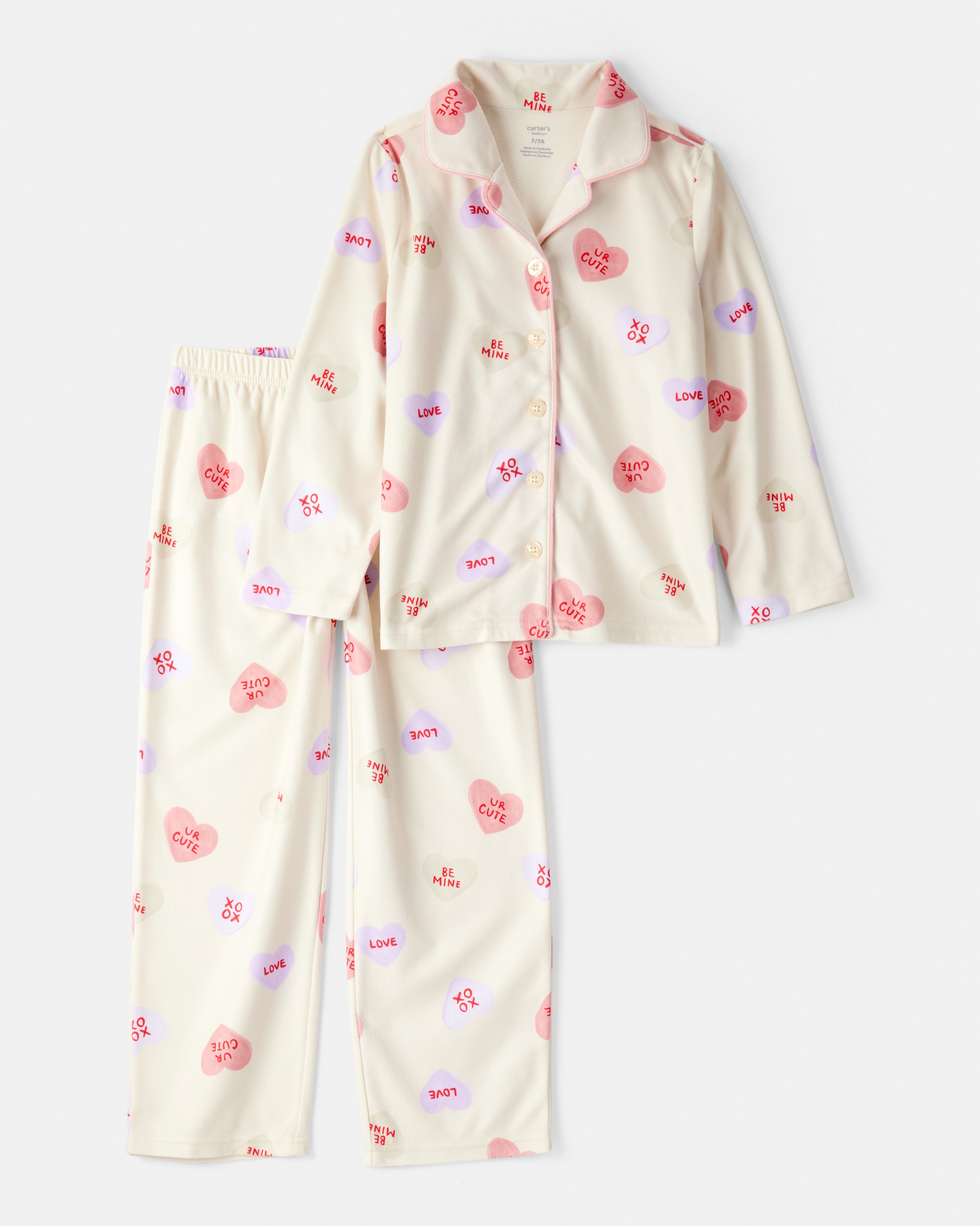 Girls Candy Hearts Fleece Loose Fit 2-Piece Pyjamas - Ivory