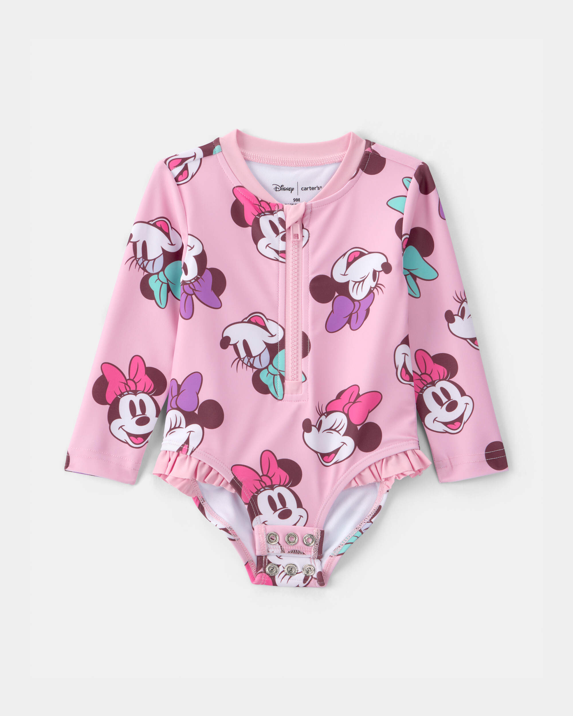 Baby Girl Disney© Minnie Mouse Gingham Long-Sleeve 1-Piece Swimsuit - Pink