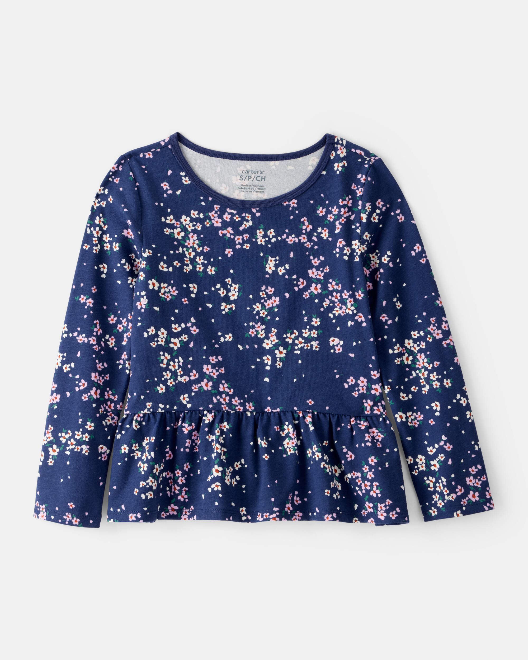 Girls Floral Long-Sleeve Peplum Top - Navy
